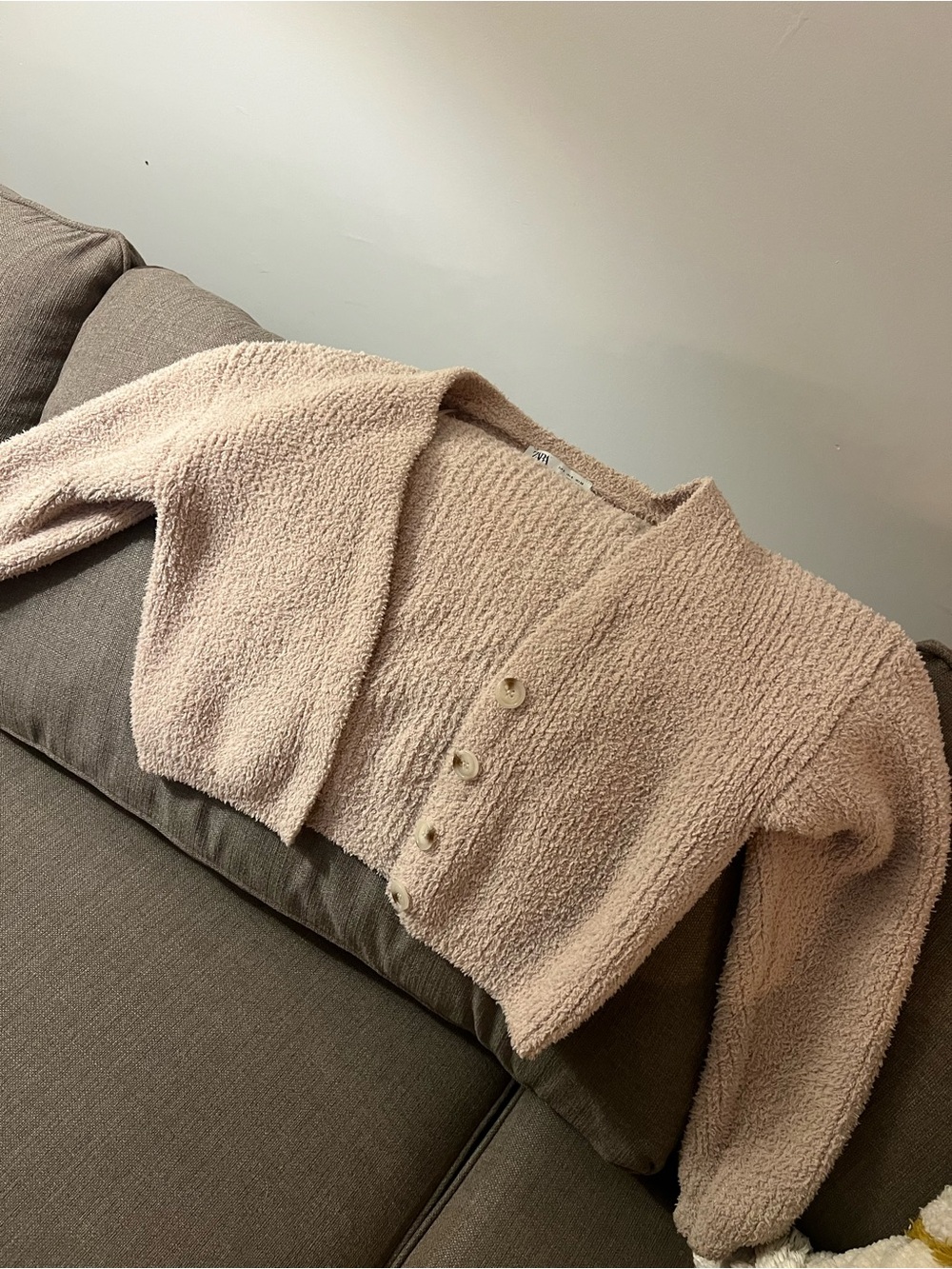 Zara cream beige Bouclé Button-Up semi Cropped Cardigan in small